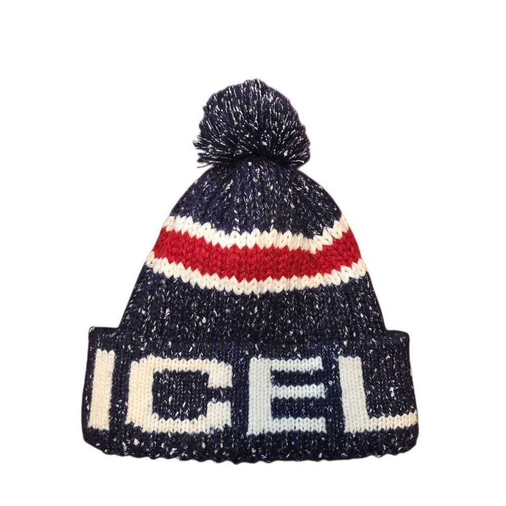 FROST Scandinavian Clothing Iceland Knit Pom Beanie Hat Blue White Red Flecked